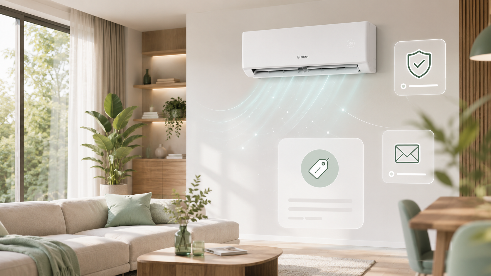 Heller Wohnraum mit Bosch Klimaanlage und digitalen Angebots-Elementen