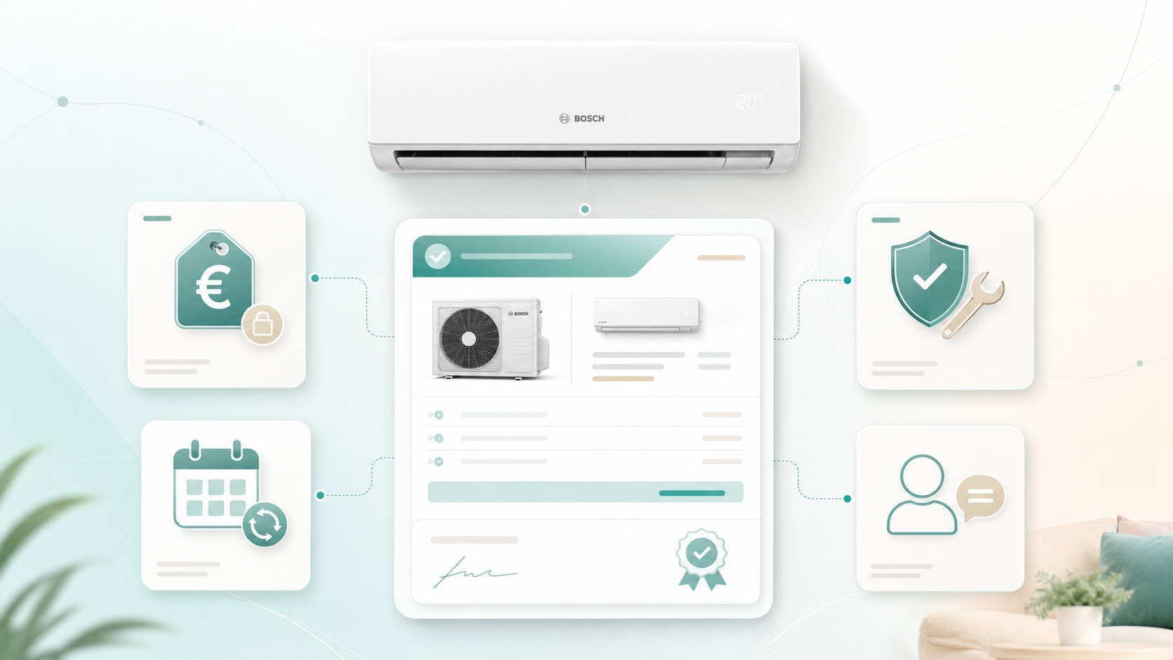 Grafik mit Bosch Klimaanlage, transparentem Angebot und Vertrauenselementen